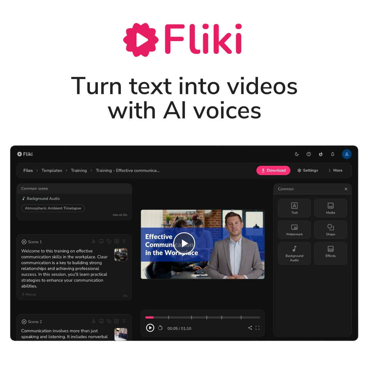 Fliki combines text‑to‑video, AI avatars, and a monster library of 2 000+ voices. Describe your idea and let its generative engine spit out social‑ready clips.